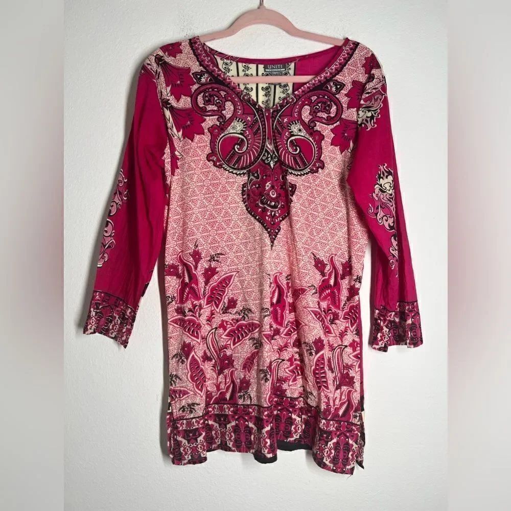 UNITY CASUAL Geo Beaded Tunic PINK White Crinkle Artsy Shirt Top ONE SIZE